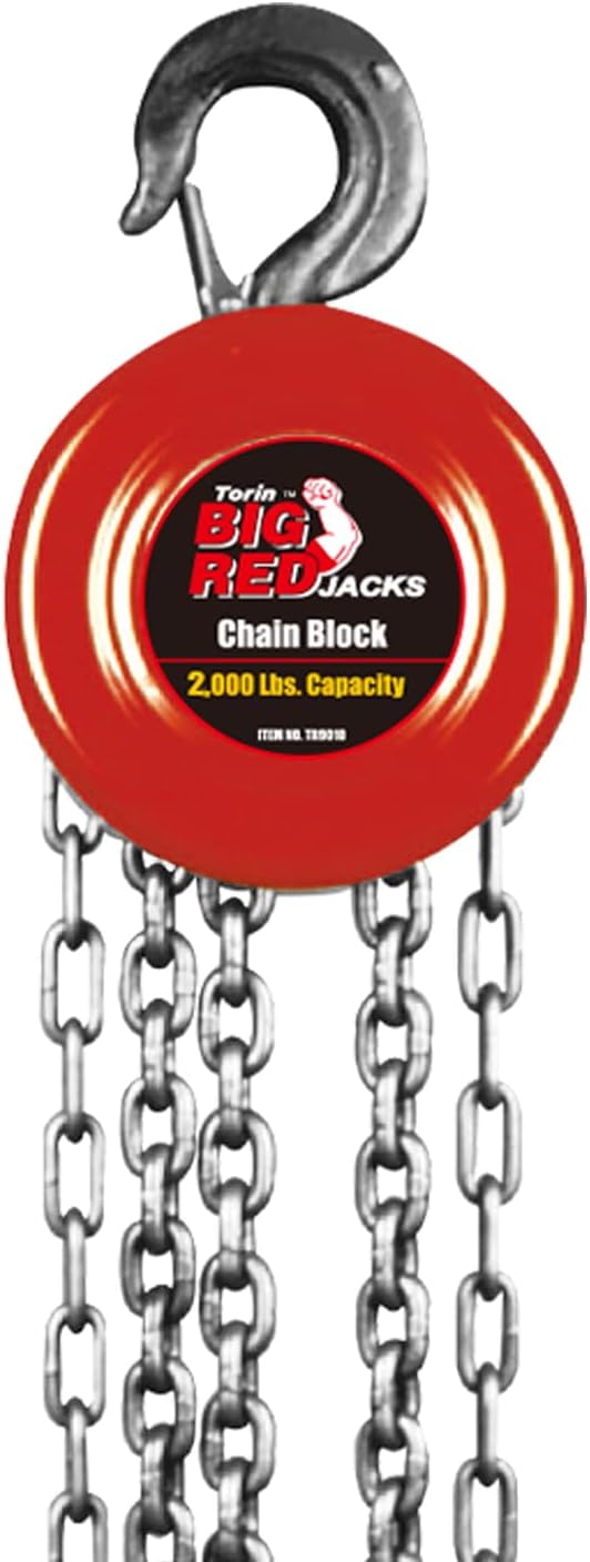 BIG RED Hand Chain Hoist 1 Ton 2000 Lbs Capacity 8ft/2.5m Torin Manual Chain Fall with 2 Heavy Duty Hooks, for Warehouse Automotive Machinery, Red, ATR9010R