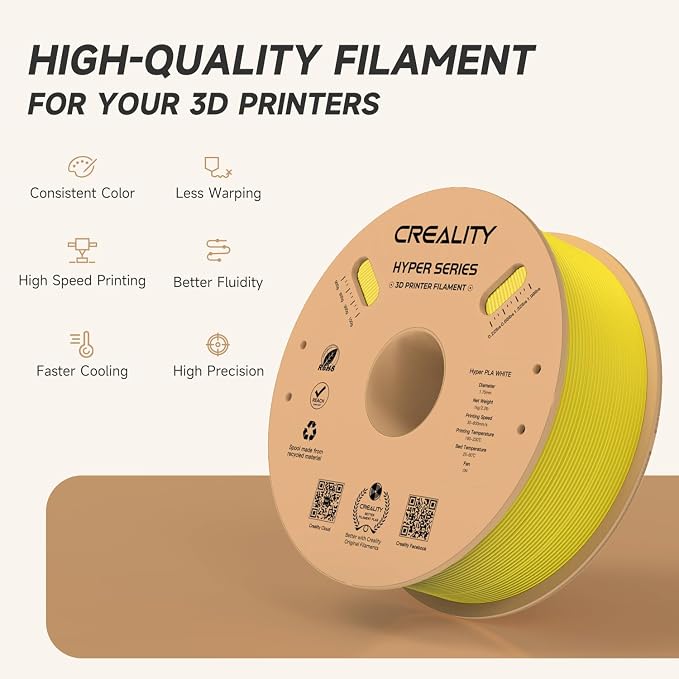 Official CREALITY Hyper PLA Filament 1.75mm, High Speed 30-600mm/s Rapid 3D Printer Filament PLA, Dimensional Accuracy +/-0.02mm, Stronger Toughness, Fit Most FDM 3D Printers，1KG(2.2lbs) Spool Yellow