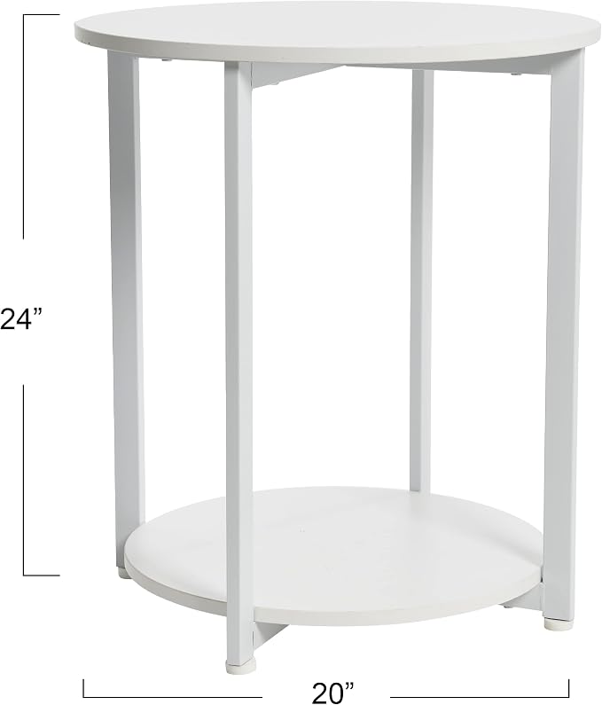 Household Essentials Round Side End Table with Storage Shelf in Scandinavian Wood Grain and Metal Frame, White