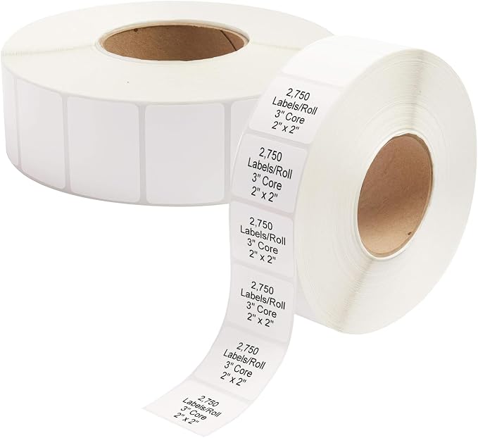 Industrial Thermal Transfer Labels 2x2 for Barcode Shipping, Ribbon Required, 3 Inch Core, 2 Rolls/Case 2750 per Roll, Perforated, Compatible with Thermal Transfer Printers