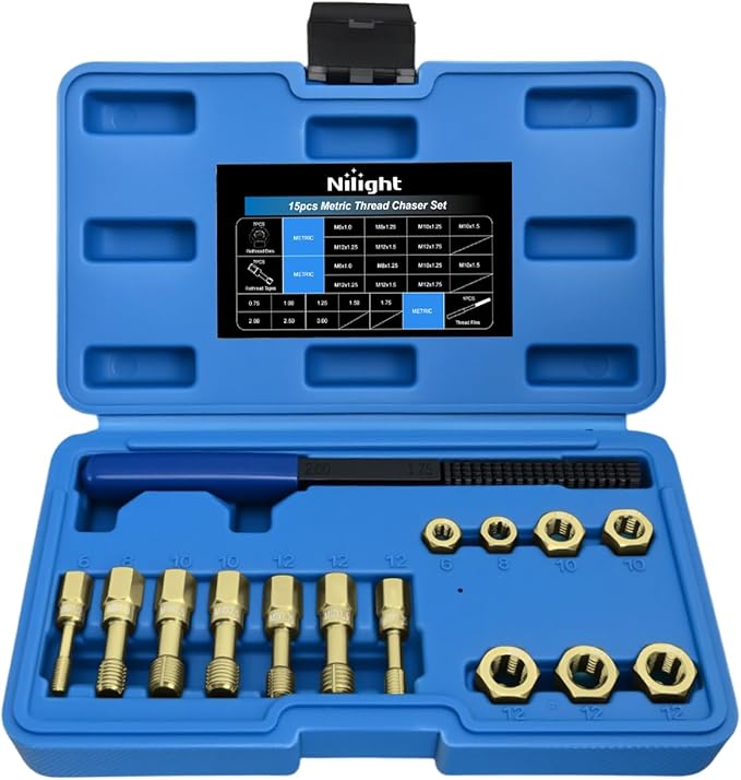 Nilight 15PCS Metric Thread Chaser Set Master Thread Repair Kit with Case 7 Taps 7 Dies 1 Threads File Universal M6 M8 M10 M12 Sizes Automotive Tool for Mechanics Auto Shops Home Garage Mobile Repair