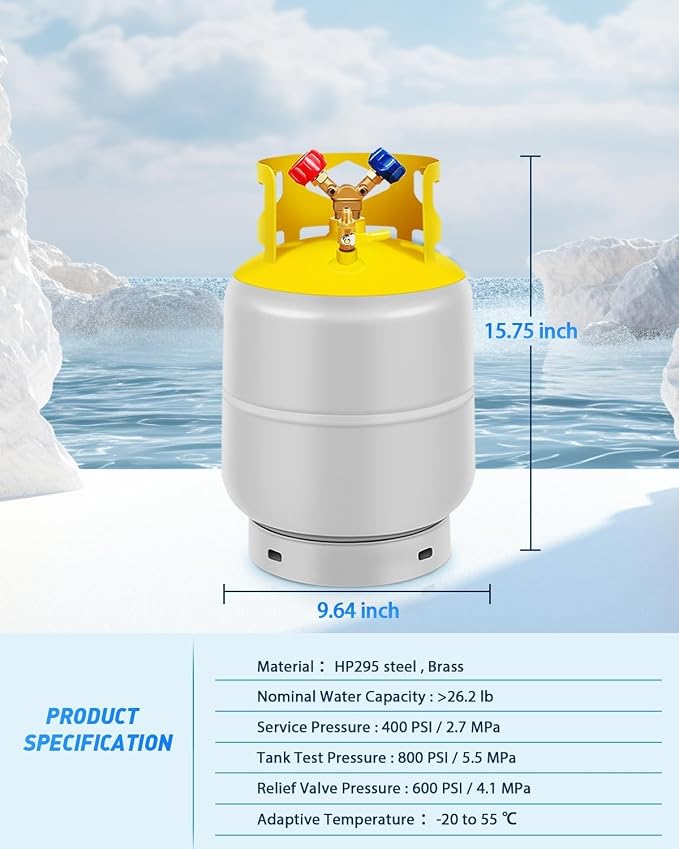 30 LB Refrigerant Recovery Tank for R12, R22, R134A, R410A Reusable Recovery Cylinder Tank 1/4 SAE Y-Valve Recovery Can Without Float Switch for Tank AC Freon Recovery Tank Cylinder Tank