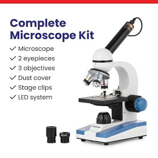 AmScope M150C / M150C-I 40X-1000X All-Metal Optical Glass Lenses Cordless LED Student Biological Compound Microscope
