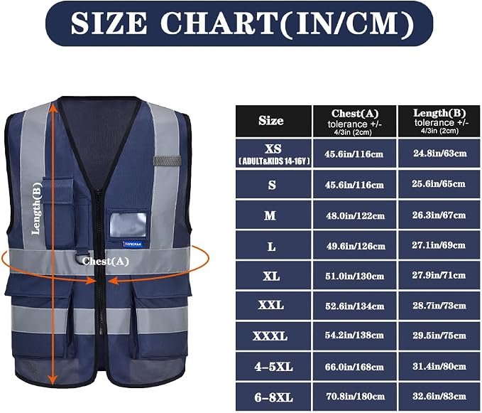 navy blue safety vest with zipper pockets | Navy M work vest with clear ID pocket, radio mic loop and reflective strips for warehouse logistics; for men and women.