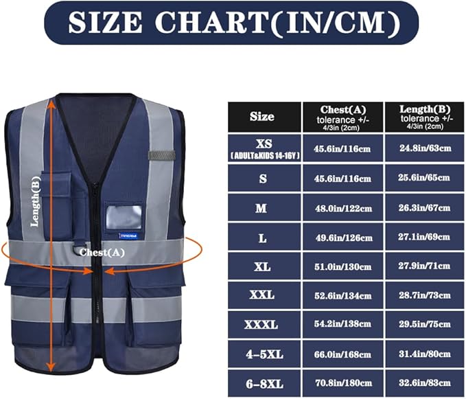 A-SAFETY XSmall navy reflective vest | Navy XS safety vest with 7 pockets, black front zipper and reflective strips for site management and supply operations.