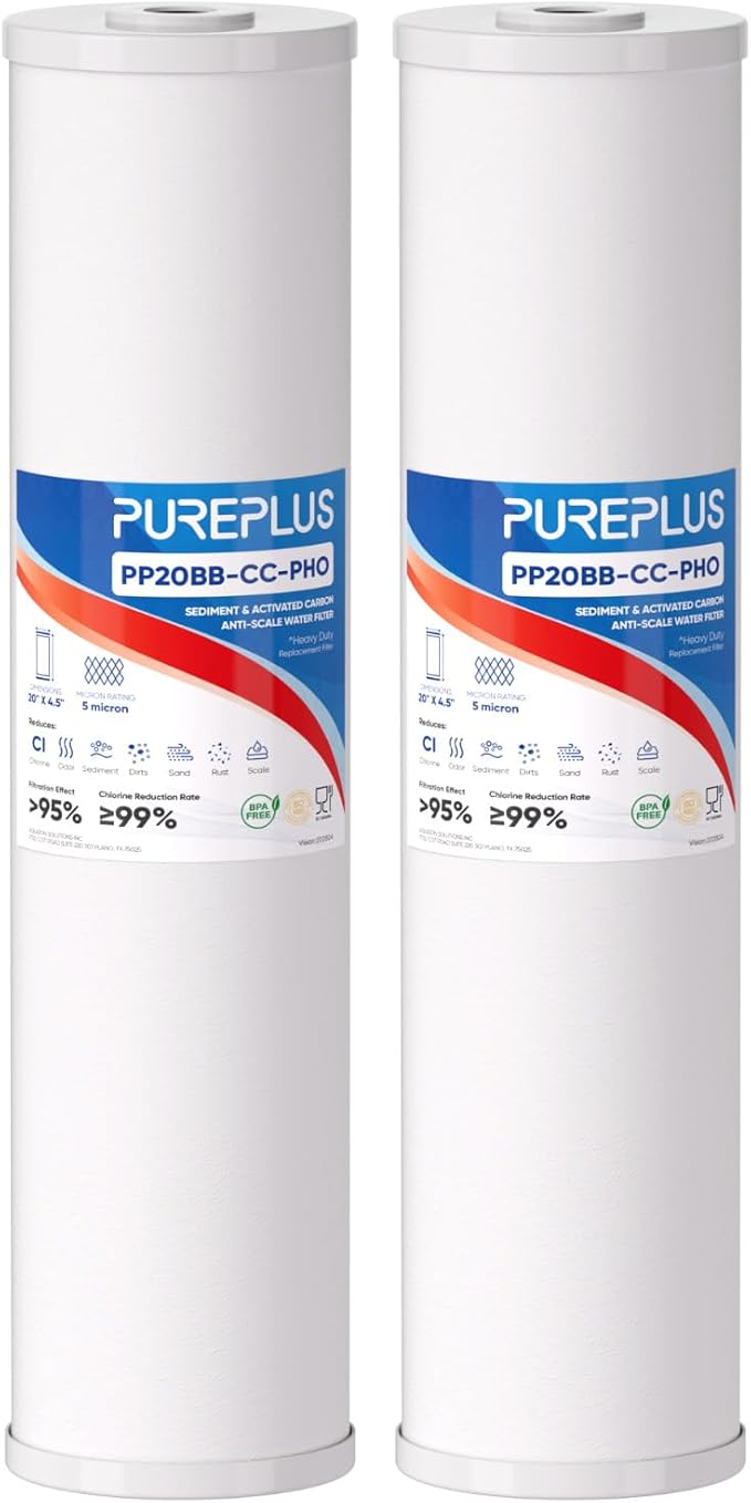 PUREPLUS 5 Micron 20" x 4.5" Whole House Anti Scale Sediment Home Water Filter Replacement Cartridge, Sediment & Chlorine Reduction, PHO Polyphosphate Anti-Scale Filter, 2 Pack