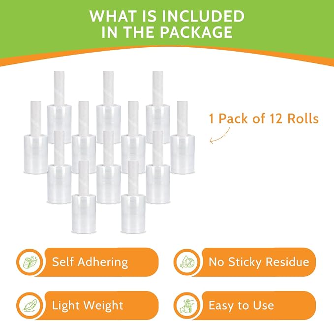 PSBM Mini Plastic Stretch Wrap Film with Handles 5"x1000' 80 Gauge 12 Rolls | Extended Core Handles, Heavy Duty Upto 500% Strength Plastic Shrink Film for Moving, Packing, Shipping & Industrial Packaging