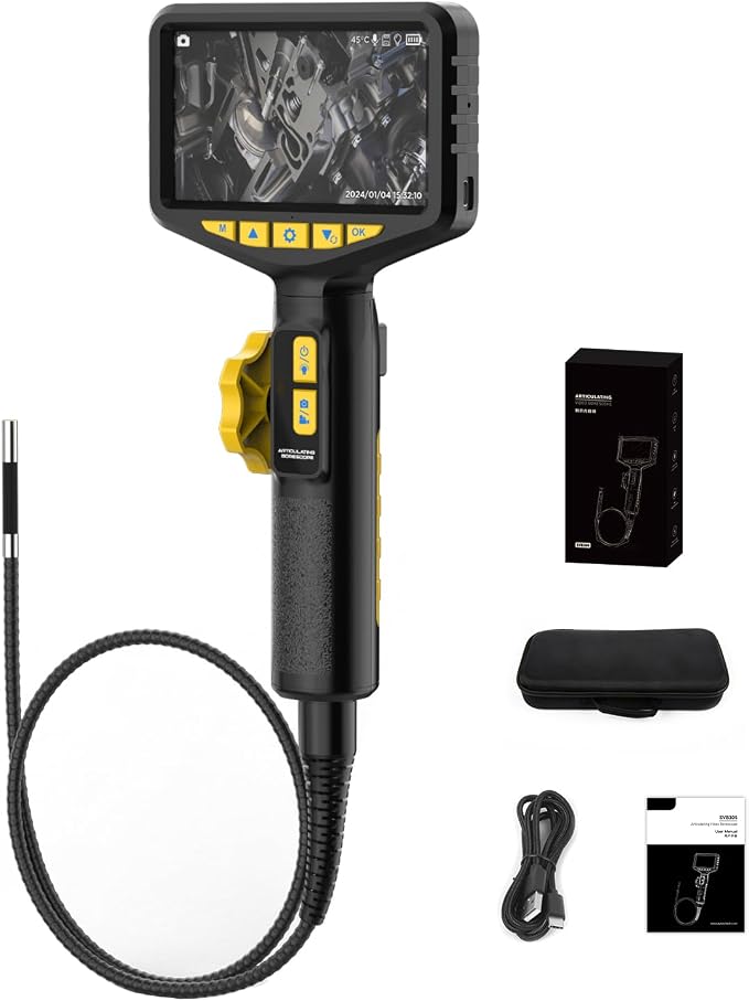 SVB305 Two-Way 210° Articulating Borescope, 4.3" IPS HD Endoscope with Light, IP67 Waterproof 3FT Flexible Cable, 32GB SD Card & 2000mAh Battery, for Automotive/Mechanical/Pipeline Inspections