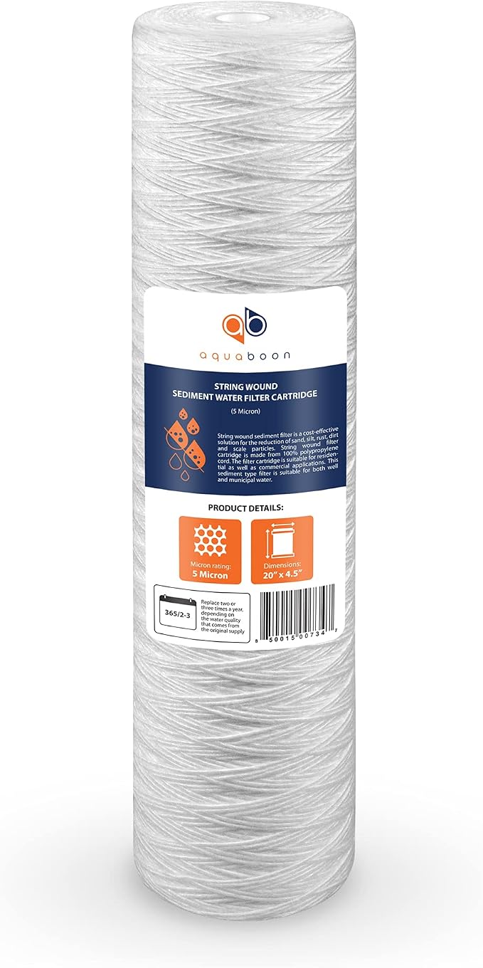 Aquaboon 5 Micron 20 x 4.5 Whole House String Wound Water Filter Replacement Cartridge for Well Water Filtration Compatible with WP5BB20P, 10-Pack