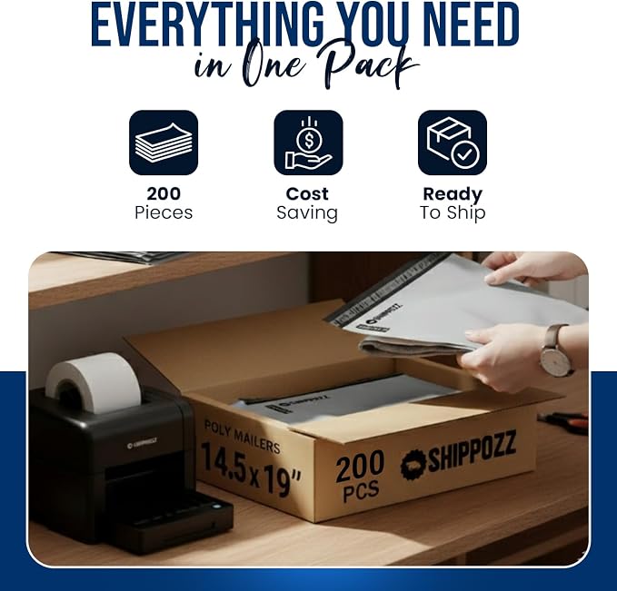 Shippozz 14.5x19 Poly Mailers 200 Pack, Durable Waterproof Polymailers for Shipping Clothes, Self Seal Mailing Bags for Small Business Packaging Supplies, Mailing Envelopes for Books, and Accessories