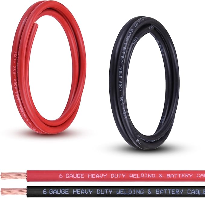 6 Gauge Battery Cable, 5FT Red + 5FT Black 6 AWG Pure Copper Wire Welding Cable, for Automotive, Battery, Solar and Generator, Standard USA OFC Wire