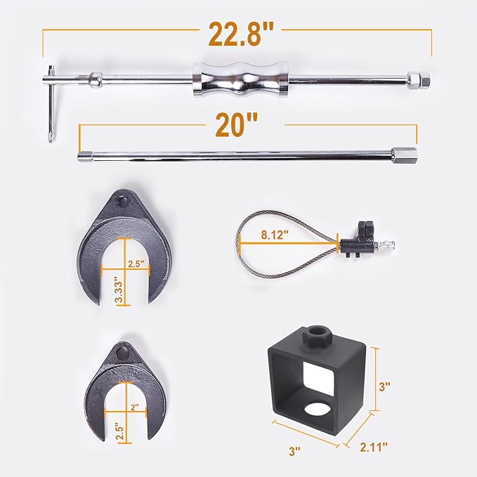 Heavy Duty Inner CV Joint Puller Slide Hammer Set, Front Wheel Drive Axle Half Shaft Removal Tool Kit with 63mm & 48mm CV Joint Fork Adapters, A Reinforced Cable Adapter, And External CV Joint Puller