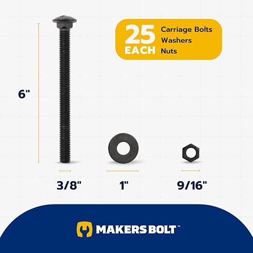 3/8" x 6" (25 Pack) Black Carriage Bolt Kit, Grade 307A, Ceramic Coated for Exterior Use, 2X Rust Resistance of Galvanized by Makers Bolt
