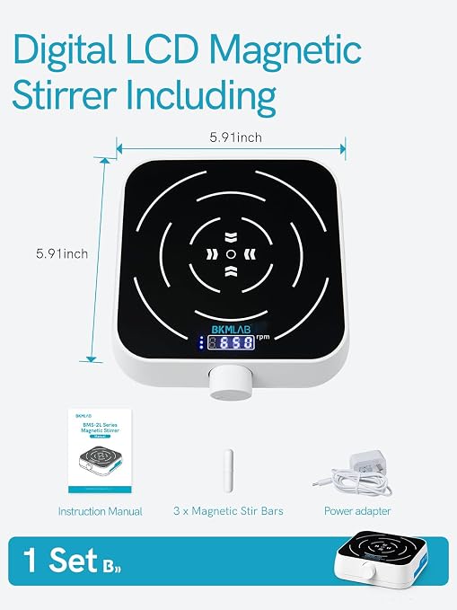 Magnetic Stirrer, 200-2000 RPM Digital Display Magnetic Plate with 3 Stir Bars, Max Stirring Capacity: 3000ml, Magnetic Mixer with Speed Control for Liquid Mixing (No Heating) MS-2L