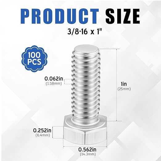 Zonon 100 Pcs 3/8-16 x 1 Hex Head Screw Bolt 18-8 (304) Stainless Steel Hexagon Bolts, Fully Threaded, Plain Finish, External Hex Drive (Silver)