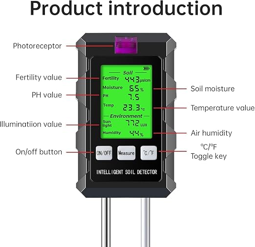 6-in-1 Soil Tester, Moisture Meter with pH Meter, Soil Moisture, Environment, Sunlight, Humidity, Fertility for Agriculture, Gardening and Outdoor Plants (2 *AAA Battery Needed)