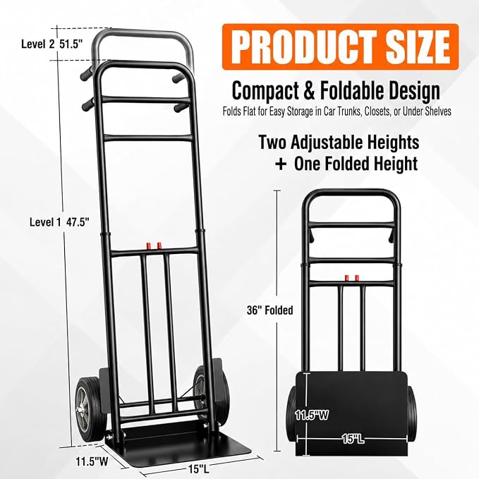 Folding Hand Truck Dolly Cart, 800 lb Capacity, Compact Foldable | Alloy Steel Frame, 47.5-51.5 Inch Handle, Heavy-Duty 8 Inch Solid Rubber Wheels, for Moving, Warehouse and Home Office Use