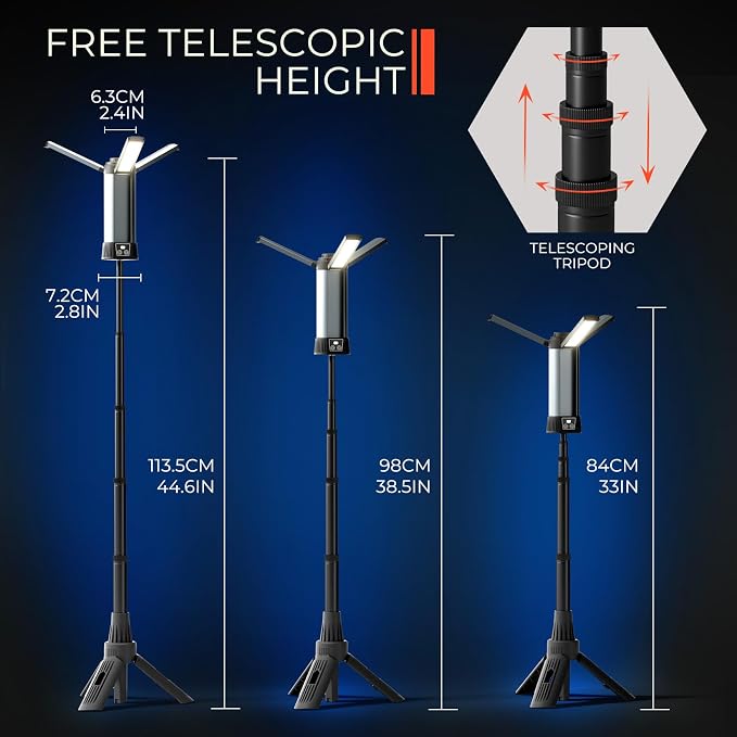 Rechargeable Work Light with Stand, Magnetic Base, Hook & Tripod (Small) | 6000mAh battery, Telescopic tripod,Magnetic base, Hanging hook, 3 metal floor spikes, Storage bag, Camping