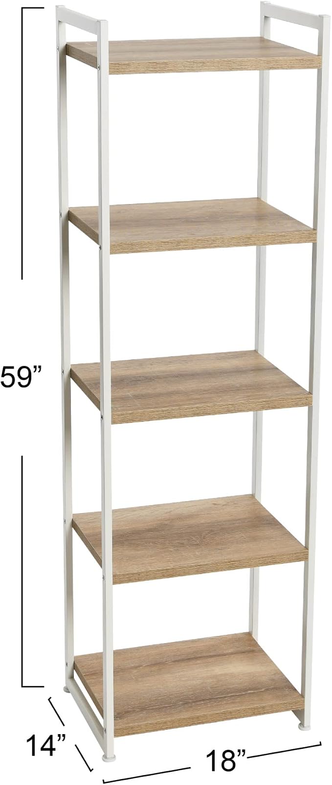 Household Essentials Narrow 5‑Shelf Open Storage Bookshelf, Coastal Oak Wood Grain with White Metal Frame