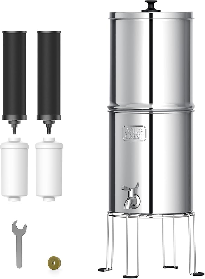 AQUA CREST TN-A-FS Gravity Water Filter System, NSF/ANSI 42&372 Certified Filters of 4, Reduce Fluoride and Chlorine, Stainless Steel Water System for Home, Emergencies, 2.25G