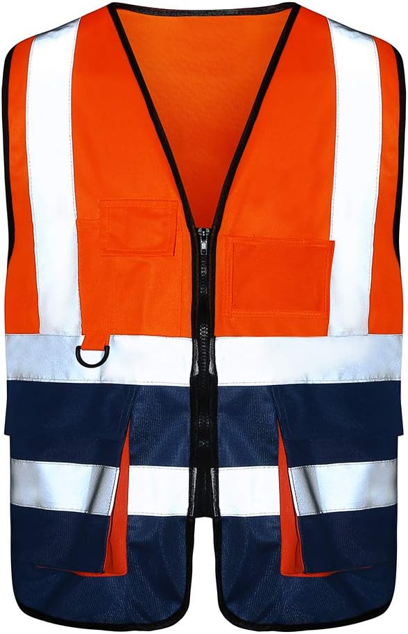 A-SAFETY Reflective Construction Vest, 7 Pockets, Zipper, Orange/Blue, 3XL | Orange/Blue 3XL Polyester work vest with reflective strips and 7 pockets for marine ground support; available in 21 colors.