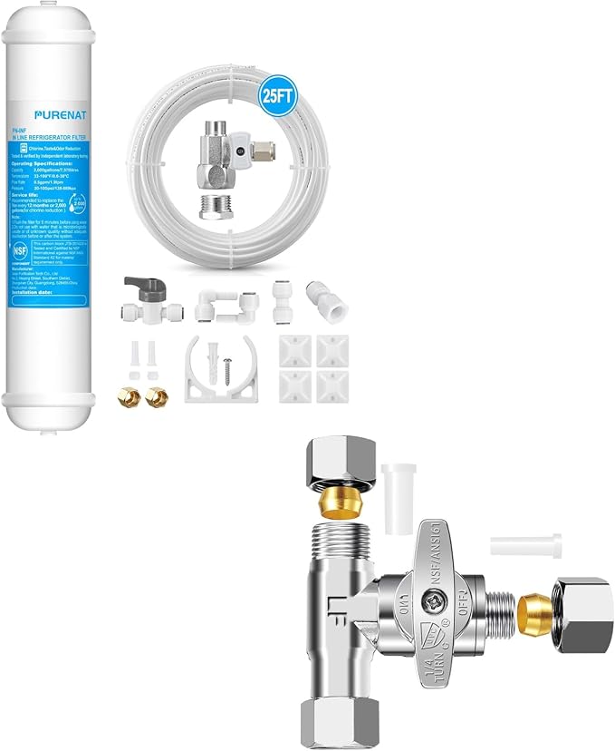 Inline Water Filter Kit for Refrigerator and Ice Maker + Lead-Free Add-A-Tee Valve 3/8 Inch x 3/8 Inch x 1/4 Inch,1/4 Turn,Brass Angle Stop Valve Adapter for Reverse Osmosis Water Filters,Ice Maker