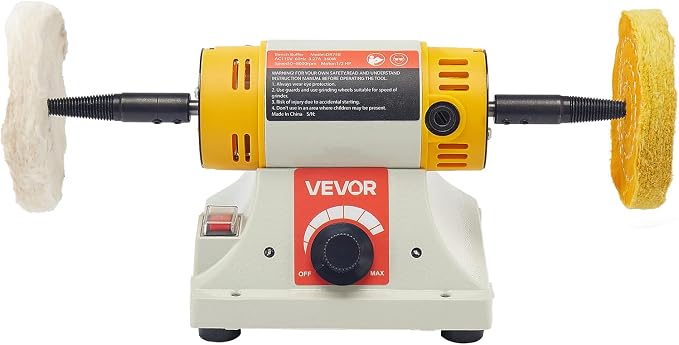 VEVOR Bench Buffer Polisher, 1/2HP Polishing and Buffing Machine, 0 to 8000RPM Benchtop Polisher with 2PCS 4" Cotton Wheel, 3PCS 3" Abrasive Fiber Wheels & Polishing Compound for Metal Jewelry Wood