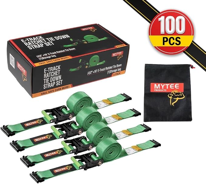 Mytee Products 100 Pack 2" x 16' Green E-Track Ratchet Tie Down Straps 1,500 lbs WLL 4,500 lbs BS, Spring-Loaded Double Stud E-Fittings for Enclosed Trailers & Trucks, Padded Handles & Storage Bag