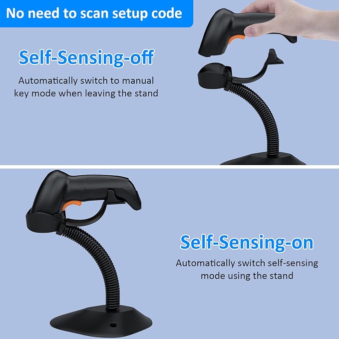 Symcode 2D Wireless Barcode Scanner with Auto-Sensing Stand,Putting on Stand to Scan Automatically Sense Scanning Barcode Scanner with Battery Level Indicator and Multiple Scanner to One Receiver