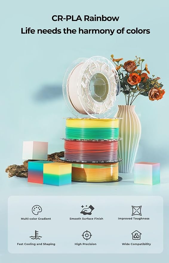 Creality Rainbow Silk PLA 3D Printer Filament, PLA Filament 1.75mm, Dimensional Accuracy +/- 0.02 mm, 1KG Spool, Coextrusion 3D Filament with Shiny Silk Rainbow