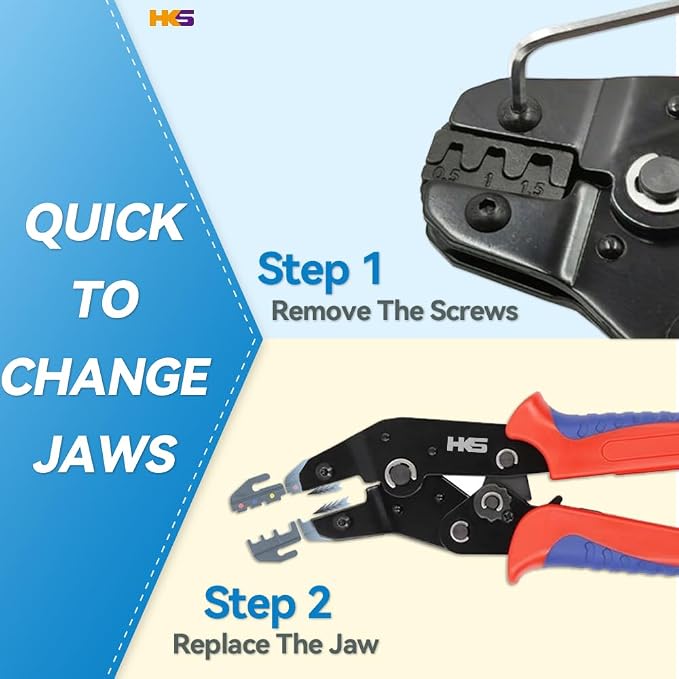 HKS Ratcheting Crimping Tool Set 11 PCS with Changeable Jaws for Dupont JST MOLEX - Open Barrel Terminals, Insulated & Non-Insulated Ferrules, Terminals & Butt Connectors,Solar & Coax Connectors