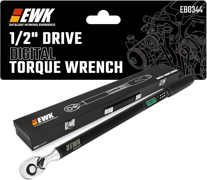 EWK 1/2 Inch Drive Digital Torque Wrench 7.4-147.6 ft-lbs (10-200 Nm) | IS0 6789, ±1.5% clockwise / ±2.5% counterclockwise, LCD Display, LED Buzzer Vibration Alert, 30 Memory Values