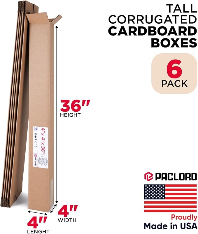 Tall Cardboard Boxes 4"L x 4"W x 36"H (Pack of 6) - USA-Made Packing Boxes for Moving, Shipping, or Storage - USPS, UPS, FedEx Approved - Professional Packing Supplies for Moving | USA-Made Packing Boxes for Moving, Shipping, or Storage - USPS, UPS, Fe...