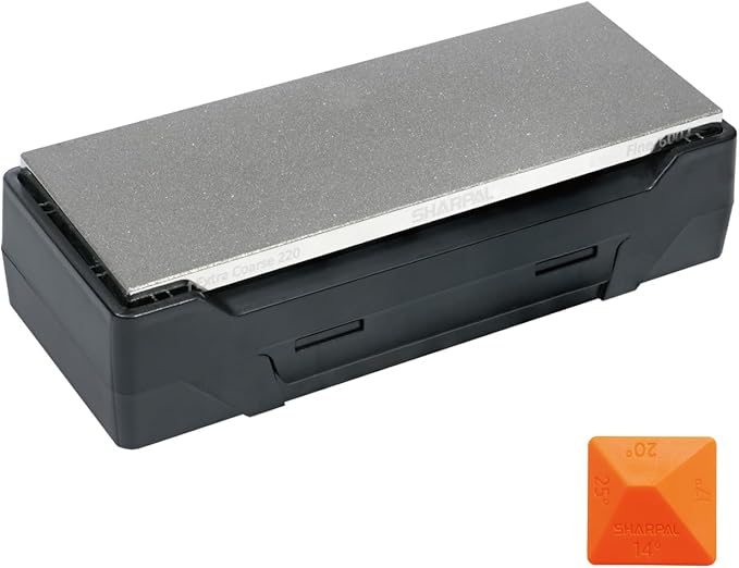 SHARPAL 163N Diamond Sharpening Stone, Dual Grit 220/600 – Extra Coarse & Fine for Dull and Damaged Blades, 8" x 3" with Storage Case (NonSlip Base) & Angle Guide Gifts for Men