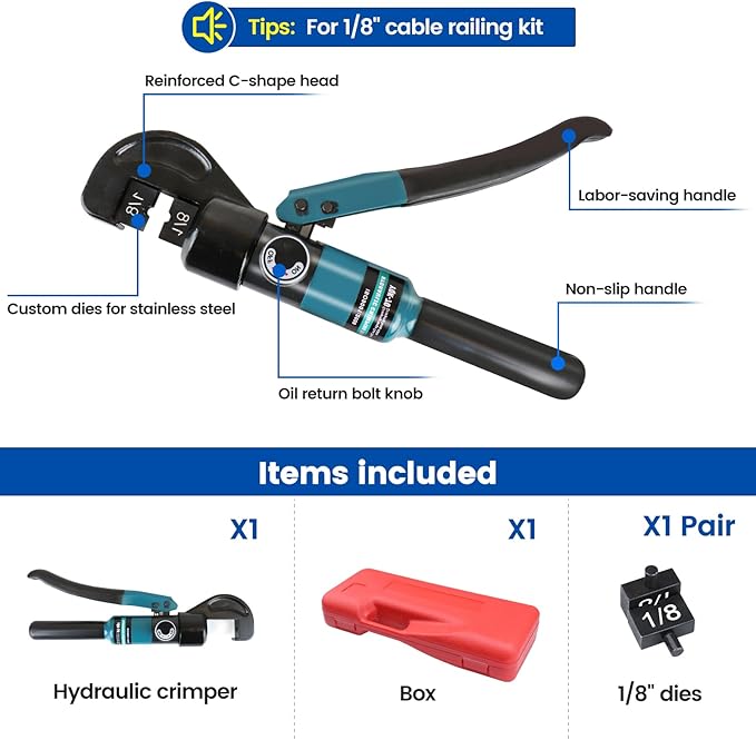 Muzata Upgraded Custom Cable Railing Crimping Tool Hydraulic Crimper Hydraulic Crimping Tool for 1/8" Stainless Steel Cable Railing Kit Wire Rope Swaging Kit CT25