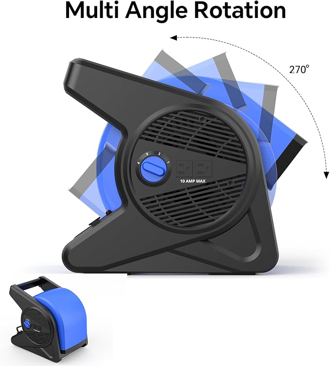 shinic 15" Utility Pivoting Blower Fan, Portable High Velocity Floor Blower with 2 120V Outlets, 3 Speeds Utility Fan Air Mover, Ideal for Work Shop Garage Gym Jobsite, Floor & Carpet Drying Use(Blue)