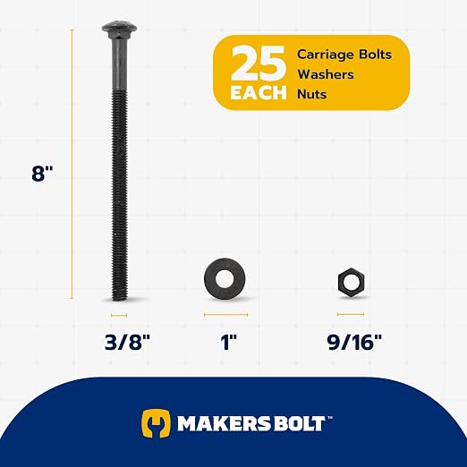 3/8" x 8" (25 Pack) Black Carriage Bolt Kit, Grade 307A, Ceramic Coated for Exterior Use, 2X Rust Resistance of Galvanized by Makers Bolt