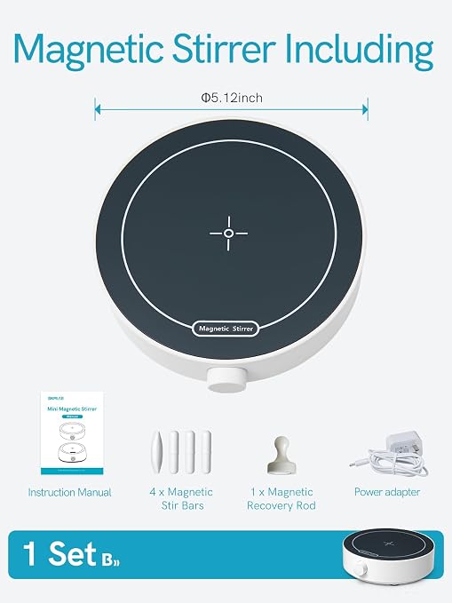 Magnetic Stirrer, 200-1800 RPM Magnetic Plate with 3 Stir Bars and a Retriever, Max Stirring Capacity: 3000ml, Magnetic Mixer with Speed Control for Liquid Mixing (No Heating) MS-1L