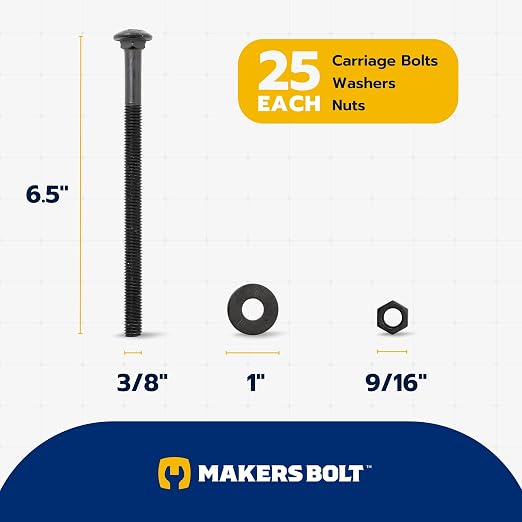 3/8" x 6-1/2" (25 Pack) Black Carriage Bolt Kit, Grade 307A, Ceramic Coated for Exterior Use, 2X Rust Resistance of Galvanized by Makers Bolt