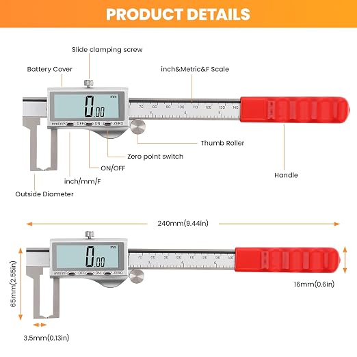 HARDELL Digital Caliper, Disc Brake Rotor Micrometer- F/MM/in, Brake Measuring Tool with Caliper, Large LCD Screen, 6" Stainless Steel Vernier Caliper for Disc Brake, Tread Depth Gauge & Storage Case