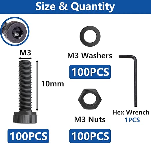 300PCS M3 x 10mm Hex Socket Head Cap Screws with Nuts and Washers, 12.9 Grade Alloy Steel M3 Bolts with Hex Wrench
