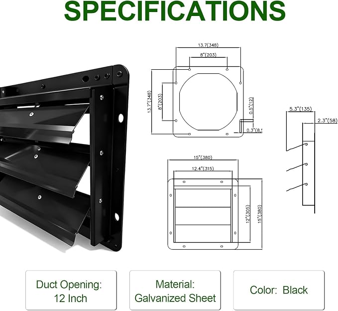 Galvanized Sheet Automatic Exhaust Louver Vent (Fan Blades and Motor Not Included) for Residential Attics, Workshops, Barns, Greenhouses (12inch)