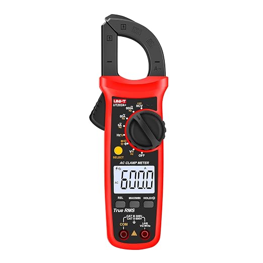 UNI-T Digital Clamp Meter UT202A+, AC Current TRMS HVAC Volt Amp Ohm Meter Clamp On Multimeter Auto Ranging 6000 Counts AC DC Voltage Frequency Resistance Capacitance Continuity Diode Live Wire Tester