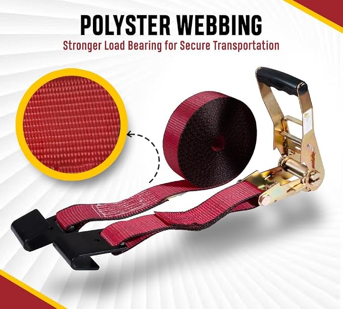 Mytee Products (20 Pack) 2" x 30' Ratchet Straps w/Flat Hook, WLL 3,333 Trailer Tie Down - Red for Flatbed, Truck, Trailers Pickup