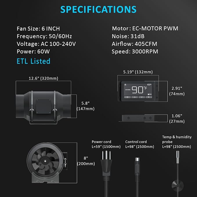 Toolazy 6 Inch Inline Duct Fan with Smart Controller, 405 CFM Quiet EC Motor Ventilation Fan with Temperature Humidity Sensor, Exhaust Fan for Grow Tent, Hydroponics, HVAC, Indoor Gardening
