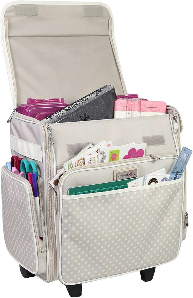 Everything Mary Collapsible Rolling Scrapbook Tote – Tan Dot Craft Bag with Wheels – Portable Storage Organizer for Scrapbooking, Papercraft & Art Supplies