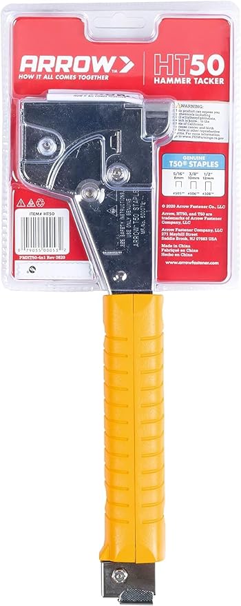 Arrow HT50 Heavy Duty Hammer Tacker, Chromed-Steel Manual Stapler with Sure-Grip Handle, Dual-Capacity Rear-Load Magazine, Fits 5/16”, 3/8", or 1/2" Staples