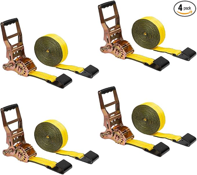 Mytee Products 4 Pack 2" x30' Self-Tensioning Ratchet Tie Down Straps with Flat Hooks - 3,333 Lbs WLL - Heavy Duty Tie Down Ratchet Straps for Flatbed, Truck, Trailers, Cargo, Pickup - Yellow