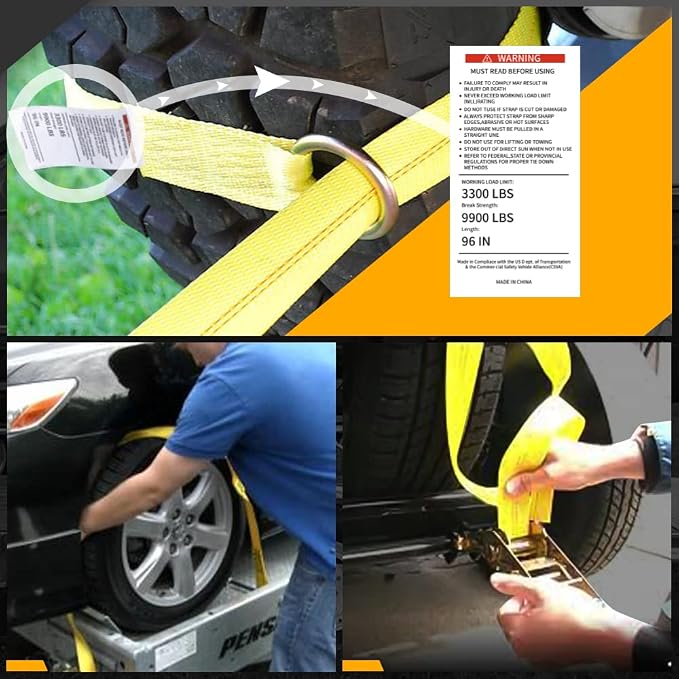 Car Tie Down Straps (4 Pack) for Trailers With Heavy Duty Chain Anchors - 2" x 96" Lasso Style Wheel Strap - 3,300lbs Safe Working Load - Includes 4 Ratchet and 4 Tire Straps