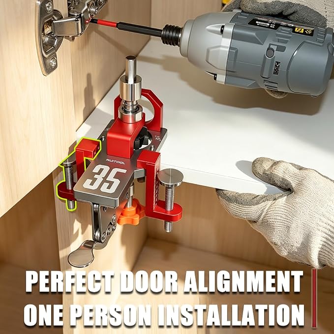RUITOOL 35mm Concealed Hinge Jig System, Cabinet Door Mounting Jig & Door Installation Kit with Secure Clamp and Dust Port, Aluminum Hardware Hole Puncher with Modular Extension Ruler